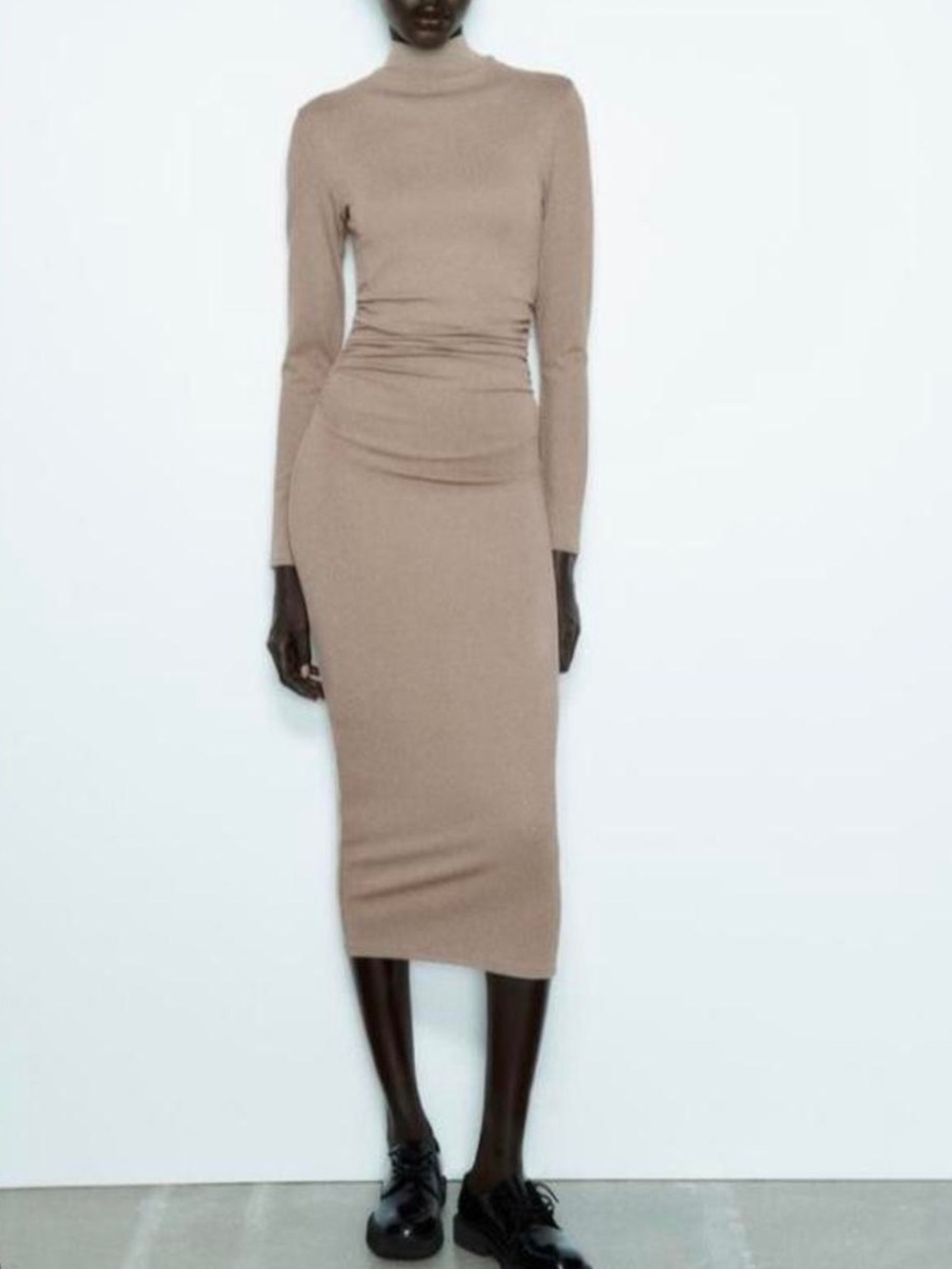 NWT Zara Ruched Stretch Midi Dress in taupe brown